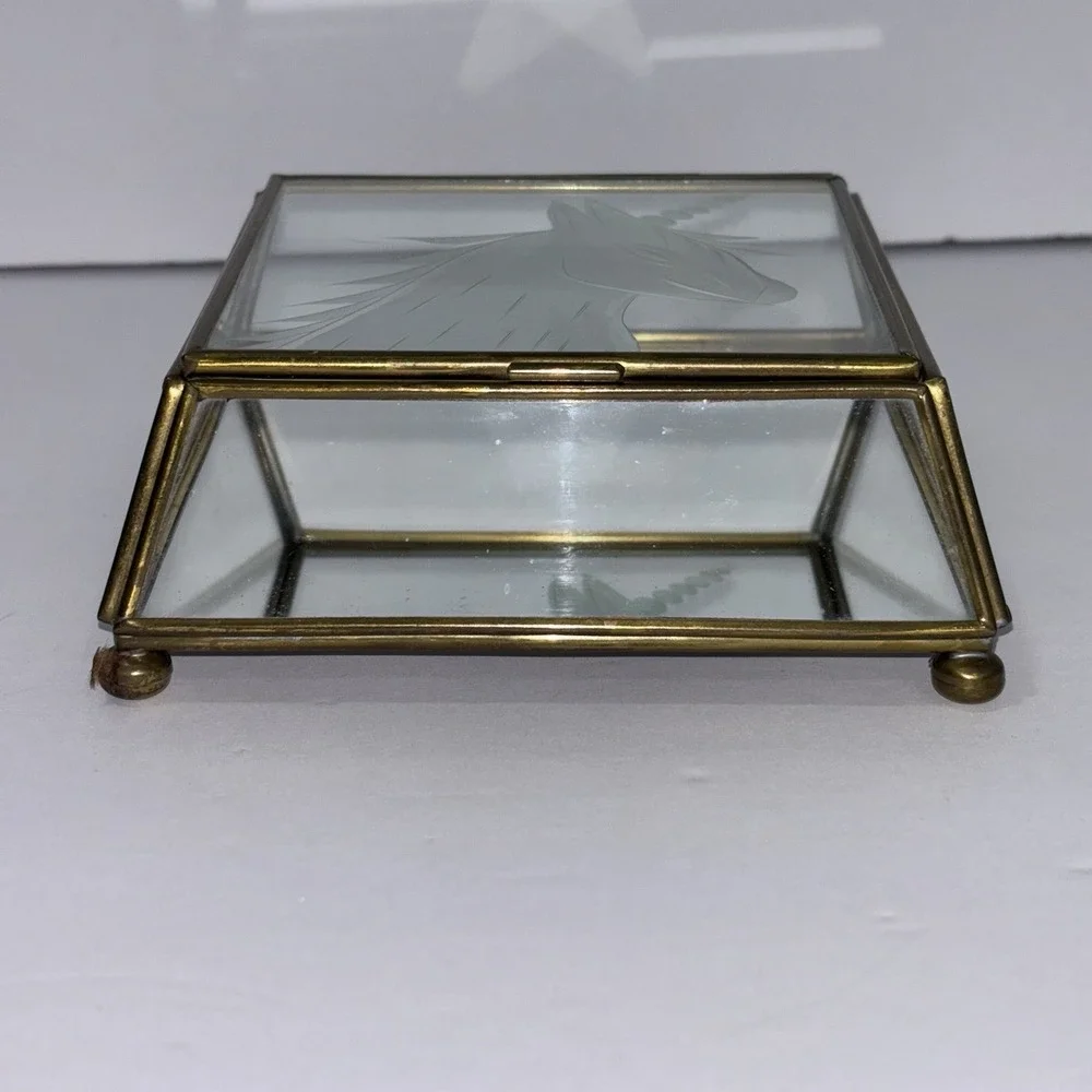 Vtg Brass w/ Etched UNICORN Glass Lid & Mirror Hinged Curio Jewelry Trinket Box
